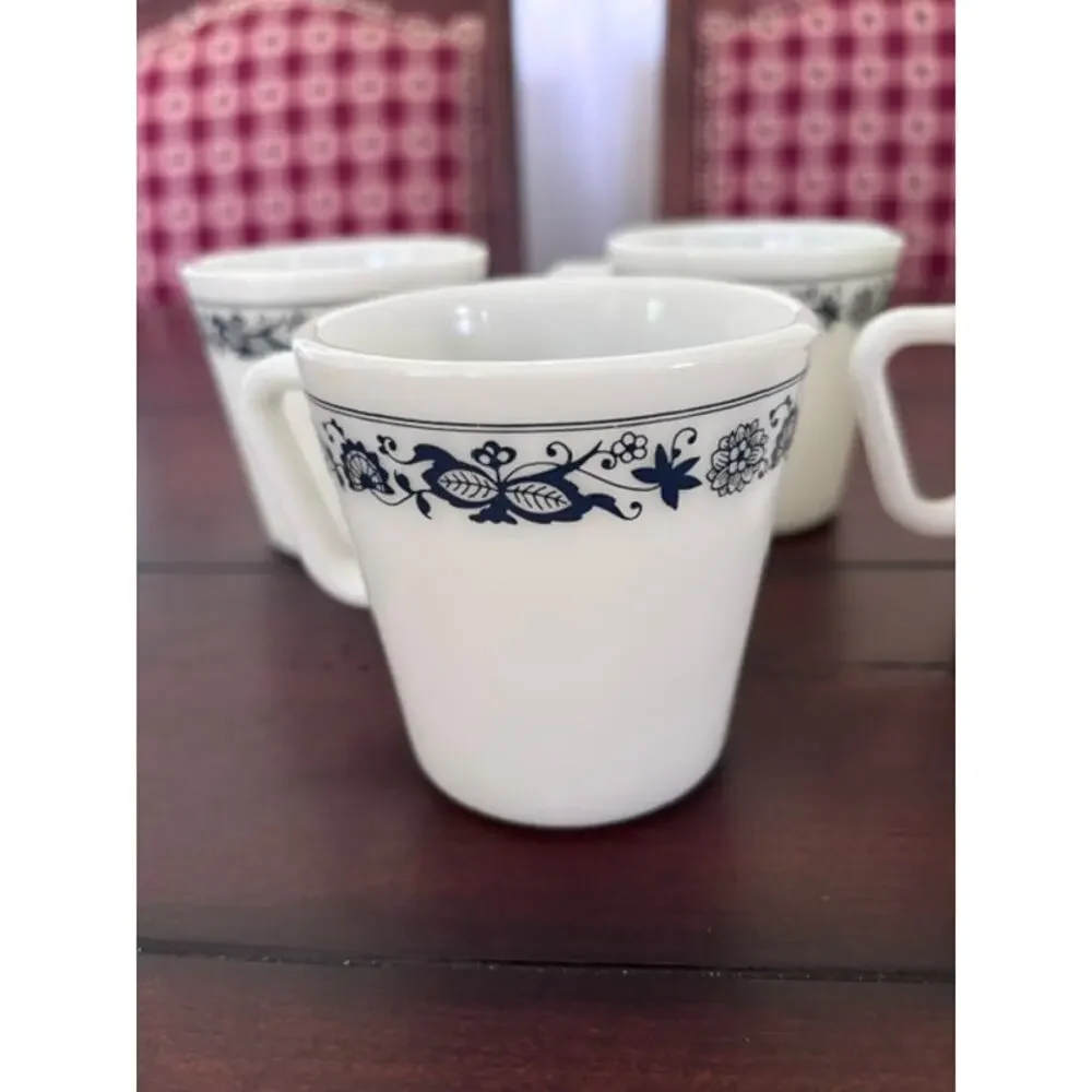 Set of 4 Vintage Pyrex Milk Glass Mugs Blue Floral‎ Coffee Cups USA